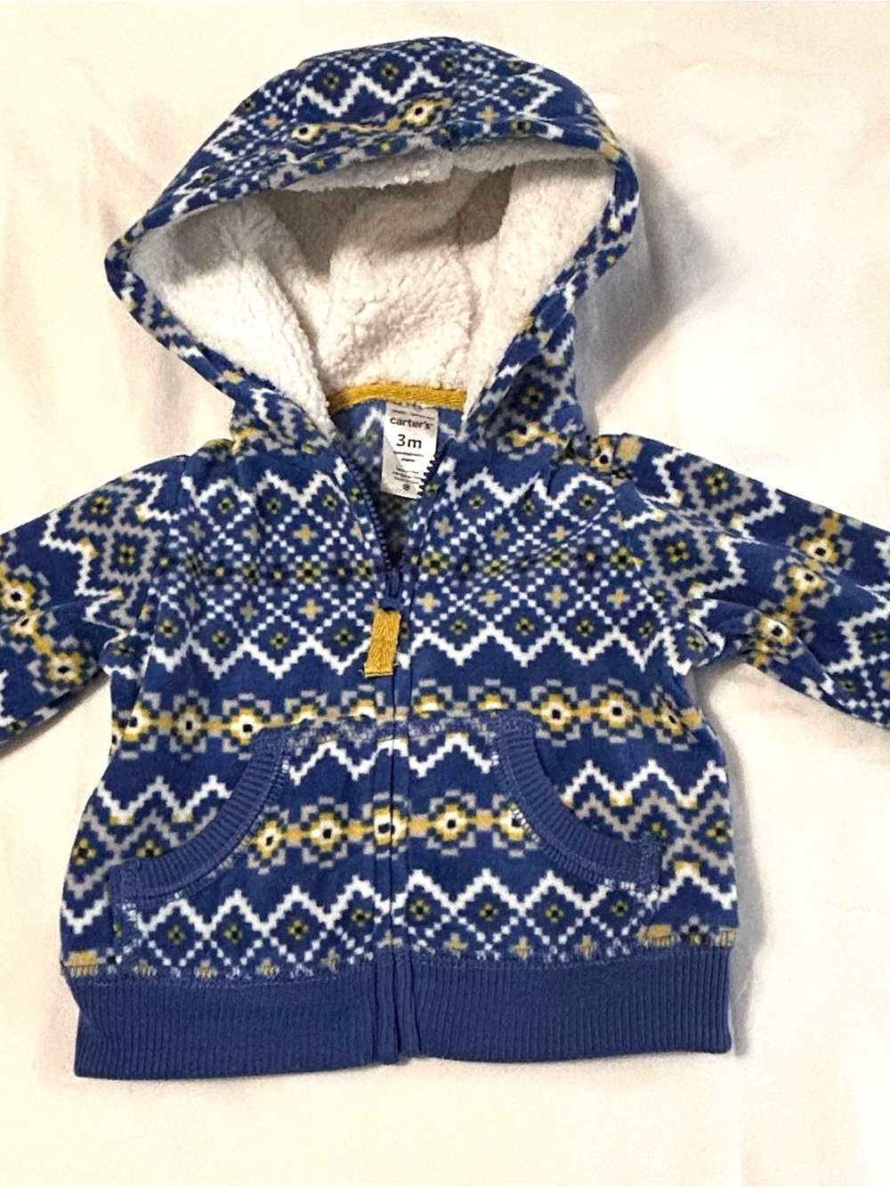 3 month Baby Carter's Blue Patterned Hooded Fleece Jacket with Sherpa Hood NWT